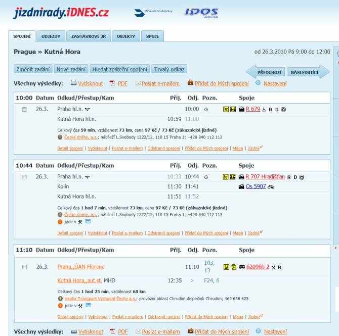 Online timetables showing trains from Prague to Kutna Hora