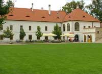 monastery gardnes and outdoor cafe