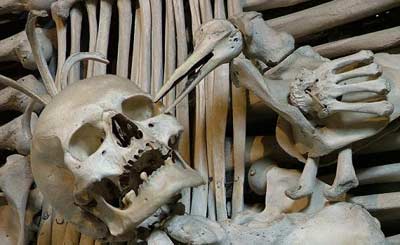 A raven picks the eye from a invader in the famous Kutna Hora Bone Church