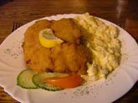 Chicken schnitzel and potato salad for lunch at the Jazz Club 