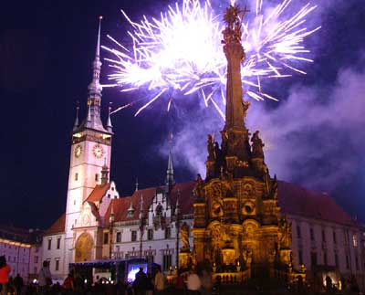 The Holy Trinity Column, the Olomouc town hall and the May Day fireworks display